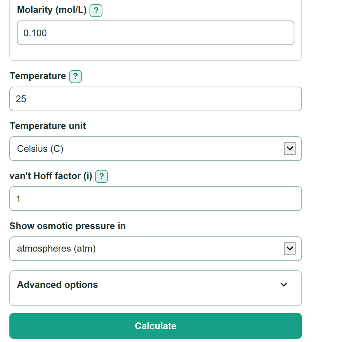 Example inputs for Osmotic Pressure Calculator