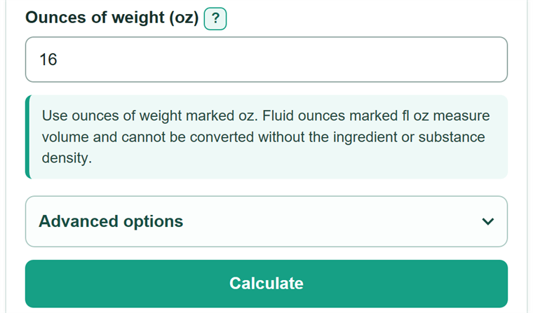 Example inputs for Ounces to Kilograms Converter
