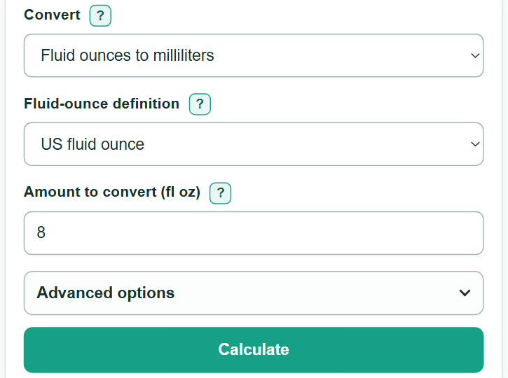Example inputs for oz to mL Converter