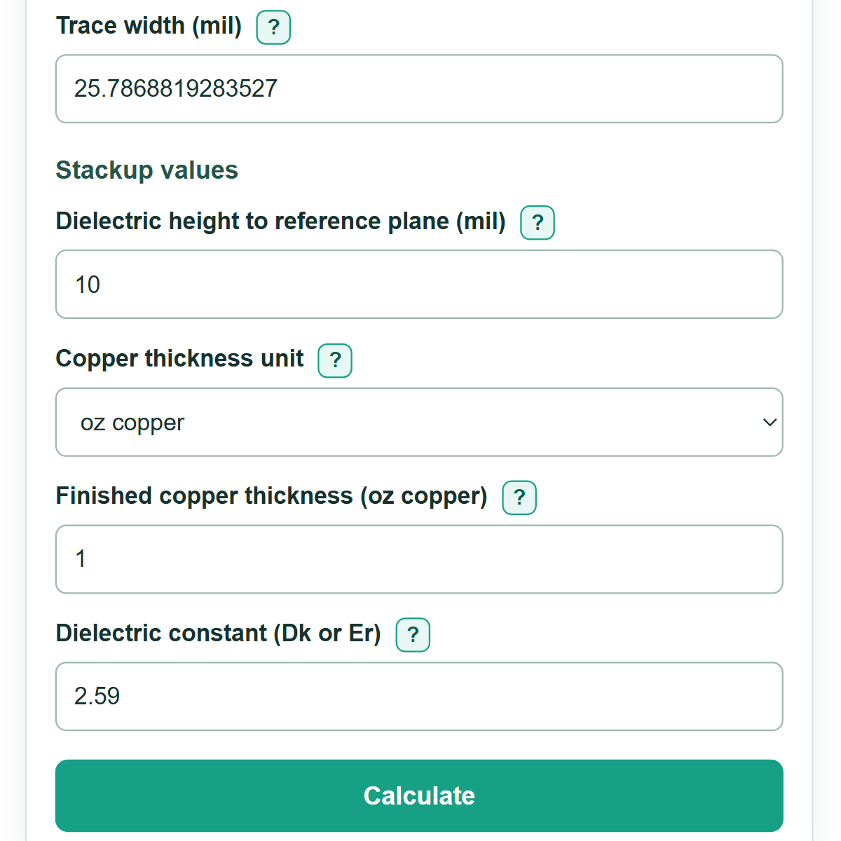 Example inputs for PCB Trace Impedance Calculator