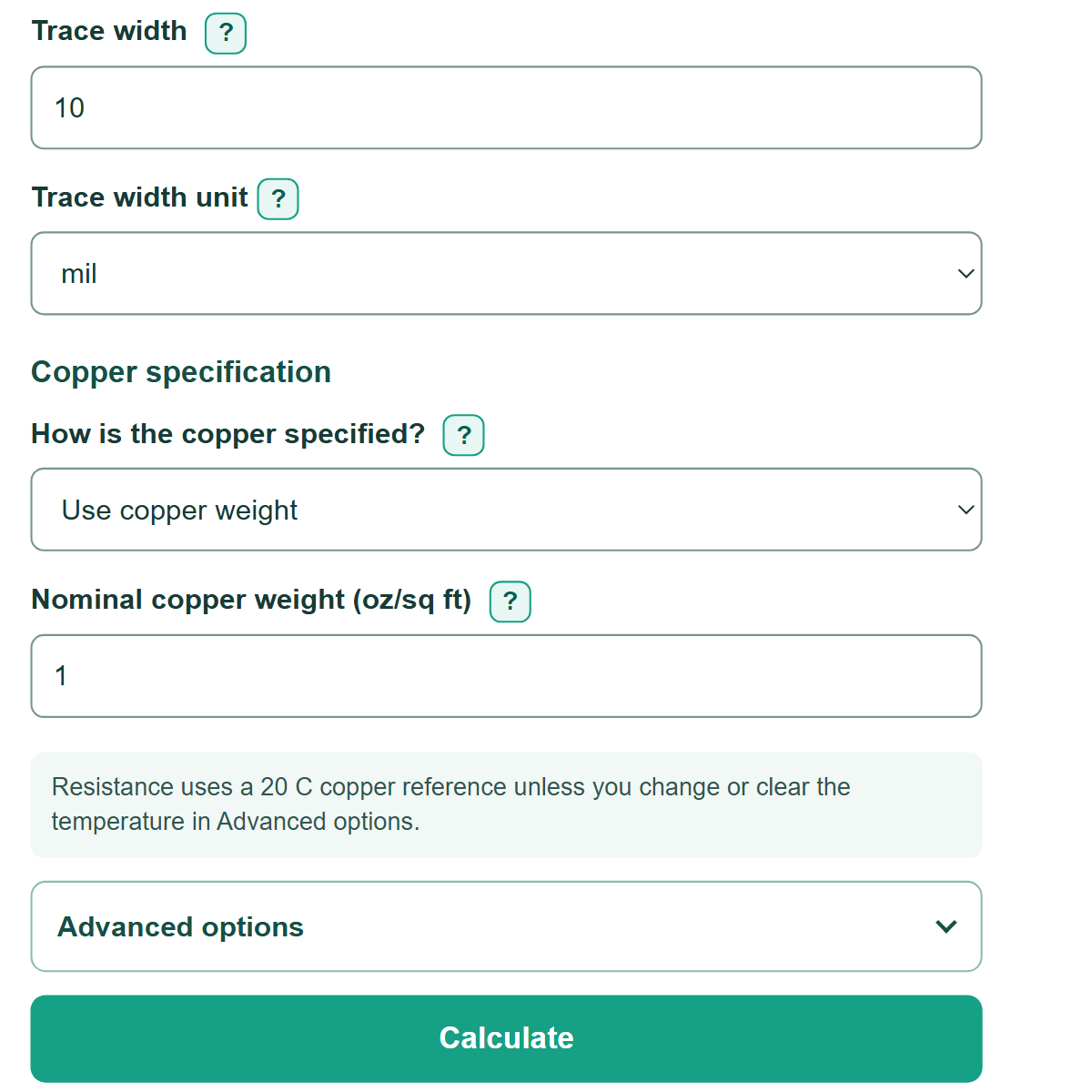 Example inputs for PCB Trace Resistance Calculator