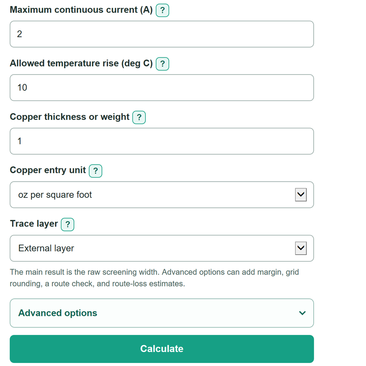 Example inputs for PCB Trace Width Calculator