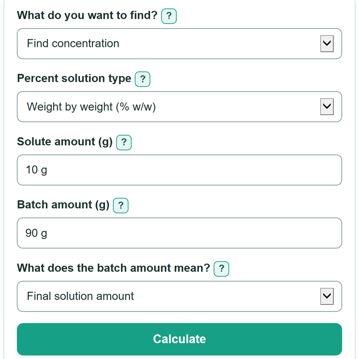 Example inputs for Percent Solution Calculator