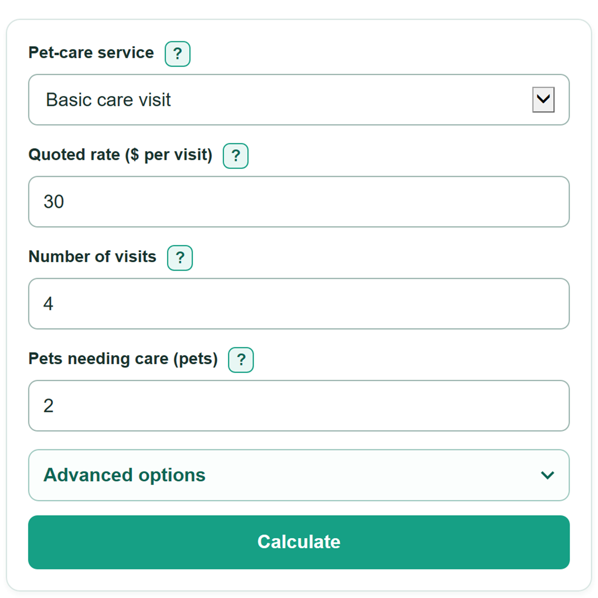Example inputs for Pet Sitter Rates Calculator
