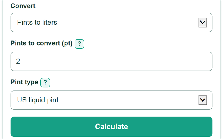 Example inputs for Pints to Liters Converter