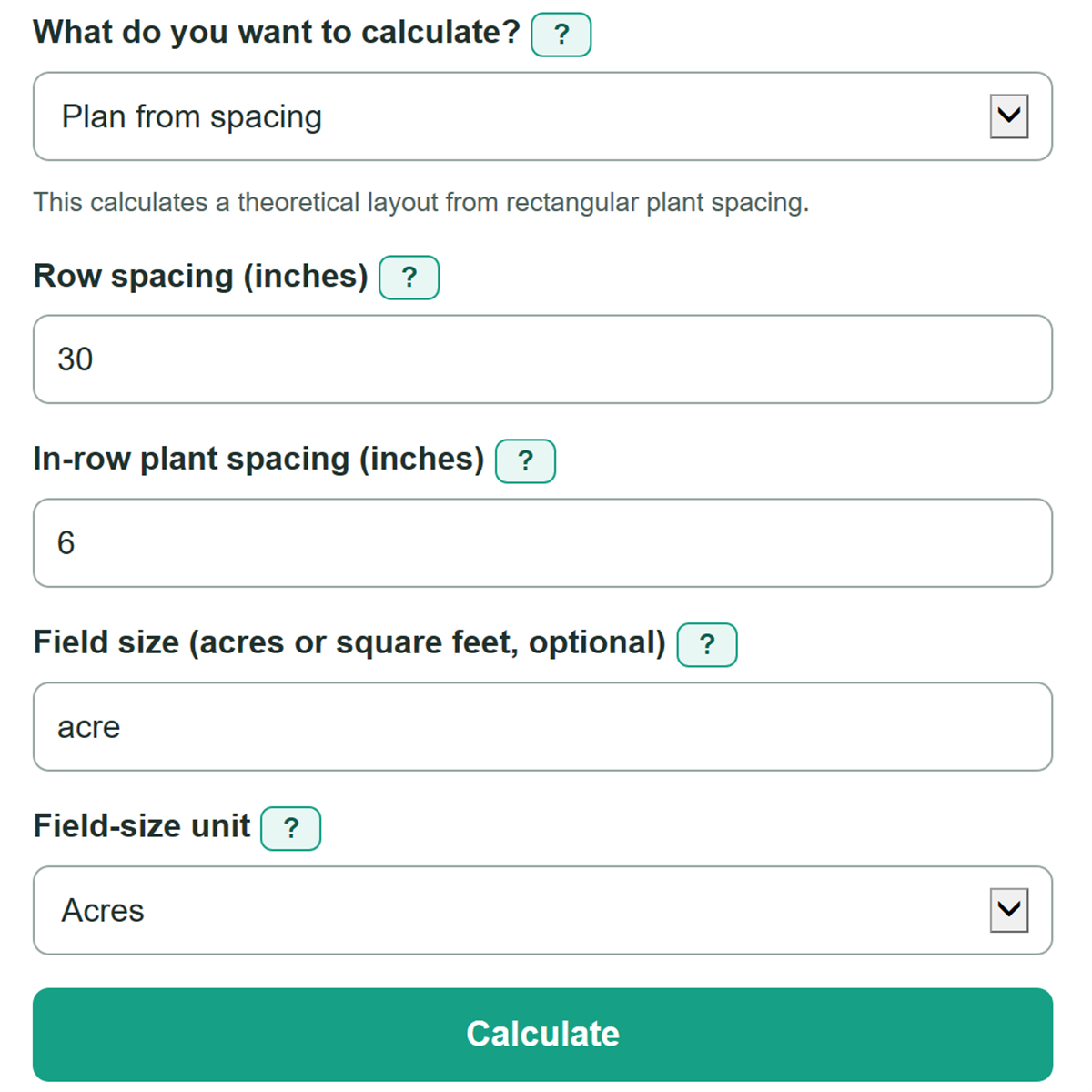 Example inputs for Plant Population Calculator