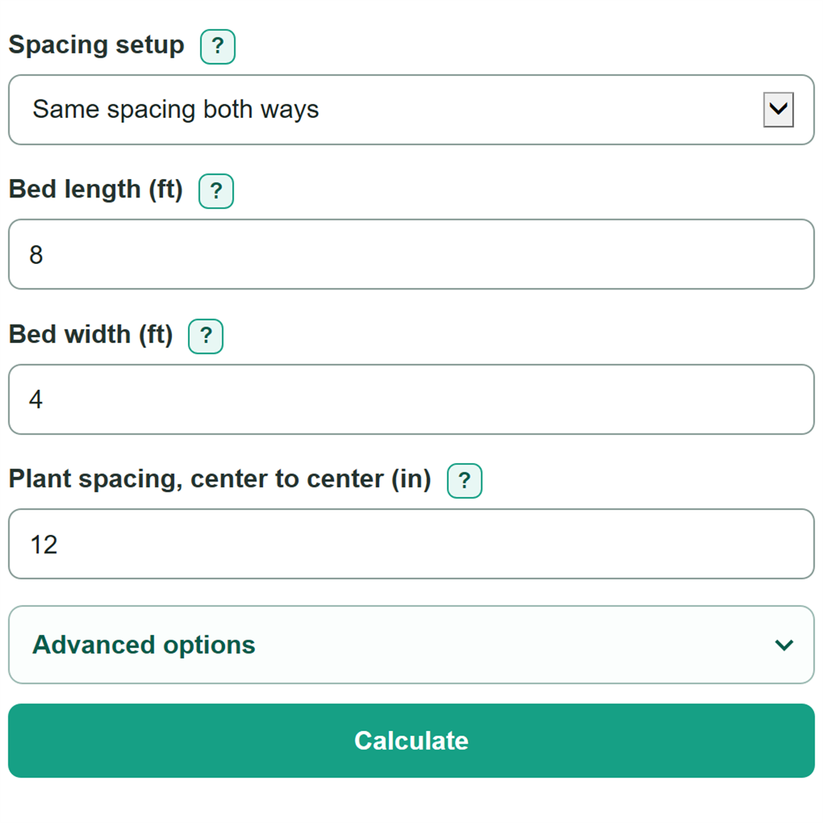 Example inputs for Plant Spacing Calculator