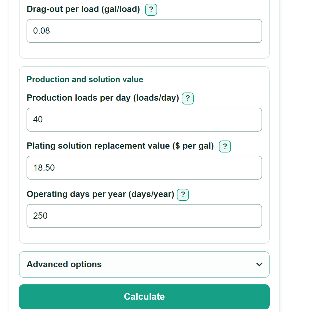Example inputs for Plating Drag-Out Loss, Rinse Load and Chemical Cost Calculator