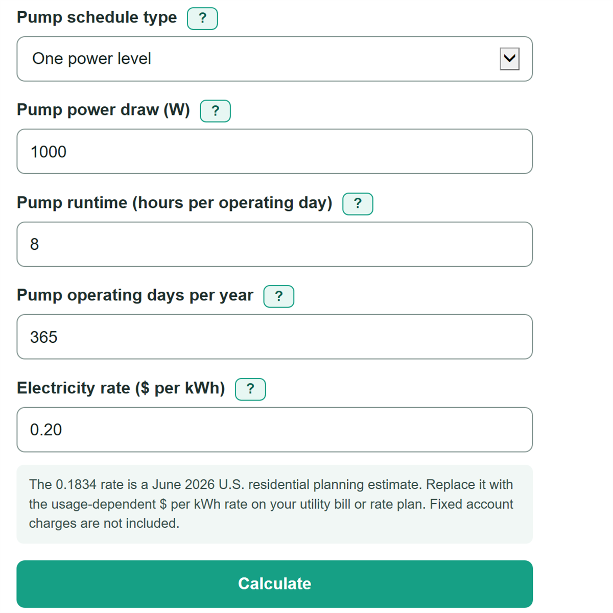 Example inputs for Pool Pump Running Cost Calculator