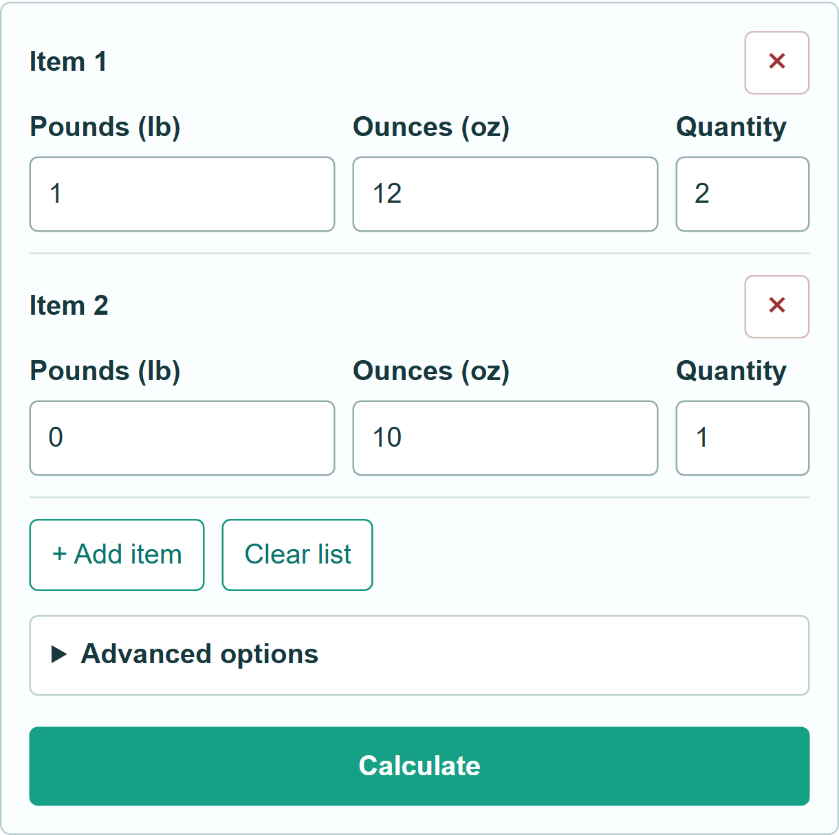 Example inputs and Calculate button for Pounds and Ounces Weight Adder
