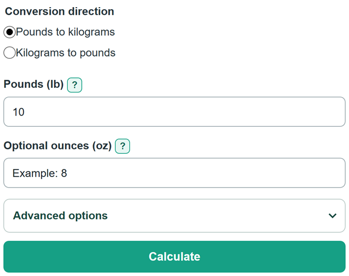 Example inputs for Pounds to Kg Converter