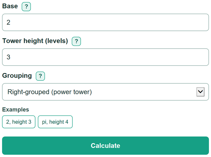 Example inputs for Power Tower Calculator