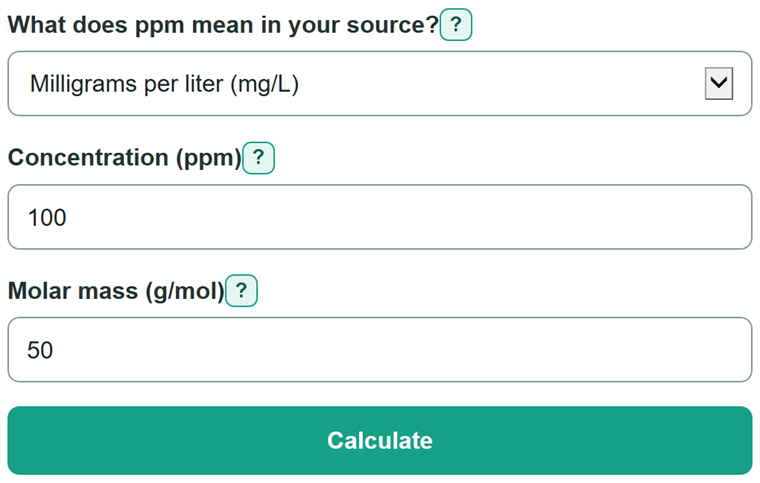 Example inputs for PPM to Molarity Calculator