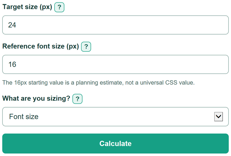 Example inputs for Px to Em Converter