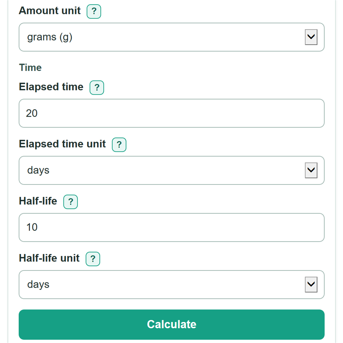 Example inputs for Radioactive Decay Calculator