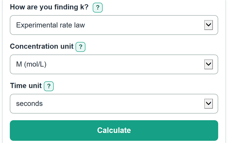 Example inputs for Rate Constant Calculator