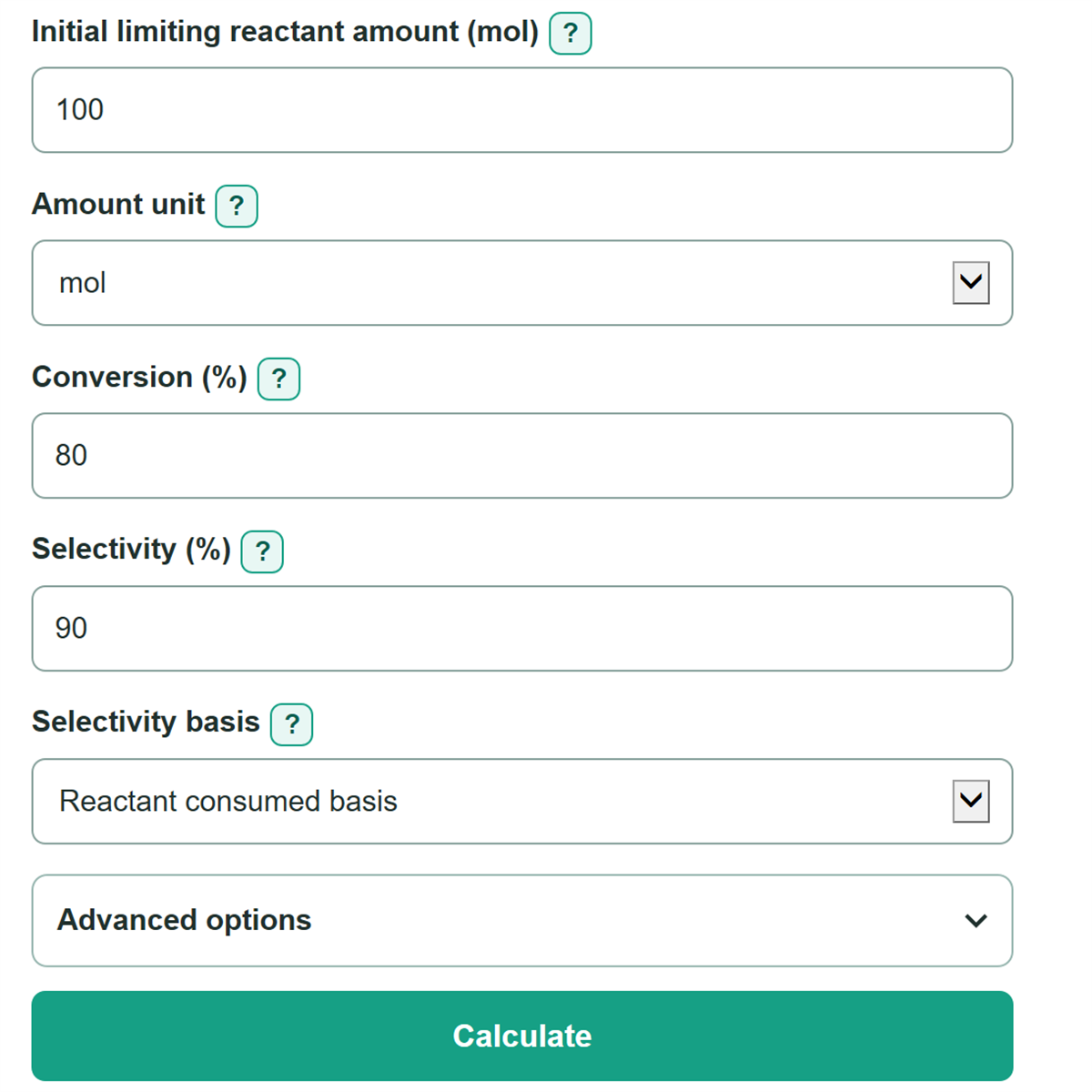 Example inputs for Reaction Conversion, Selectivity, Yield and Loss Calculator