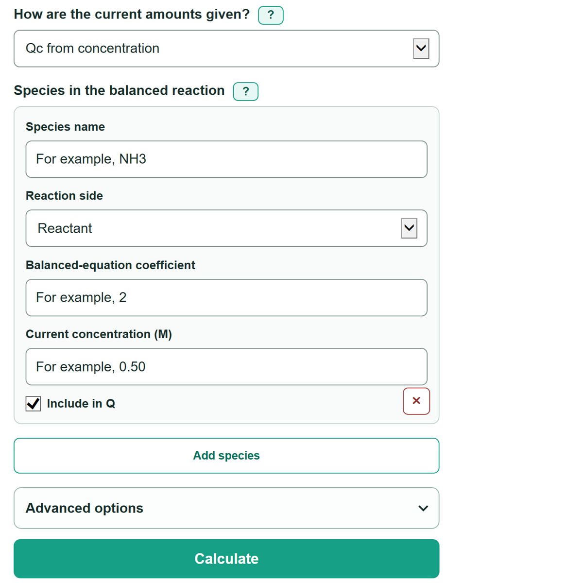 Example inputs for Reaction Quotient Calculator