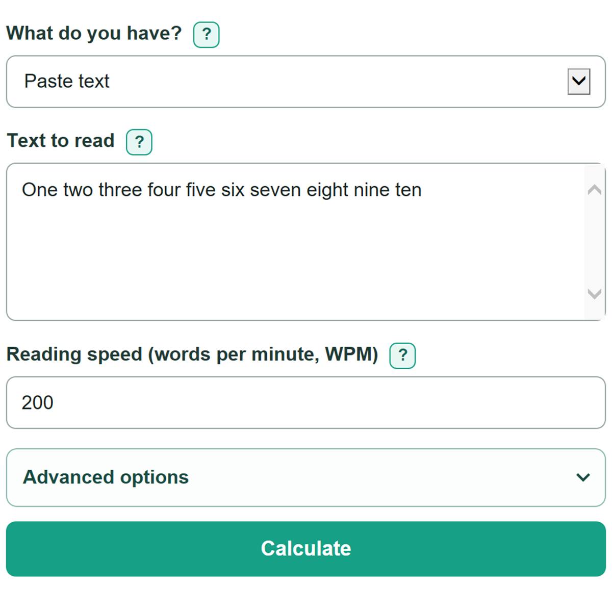 Example inputs for Reading Time Calculator