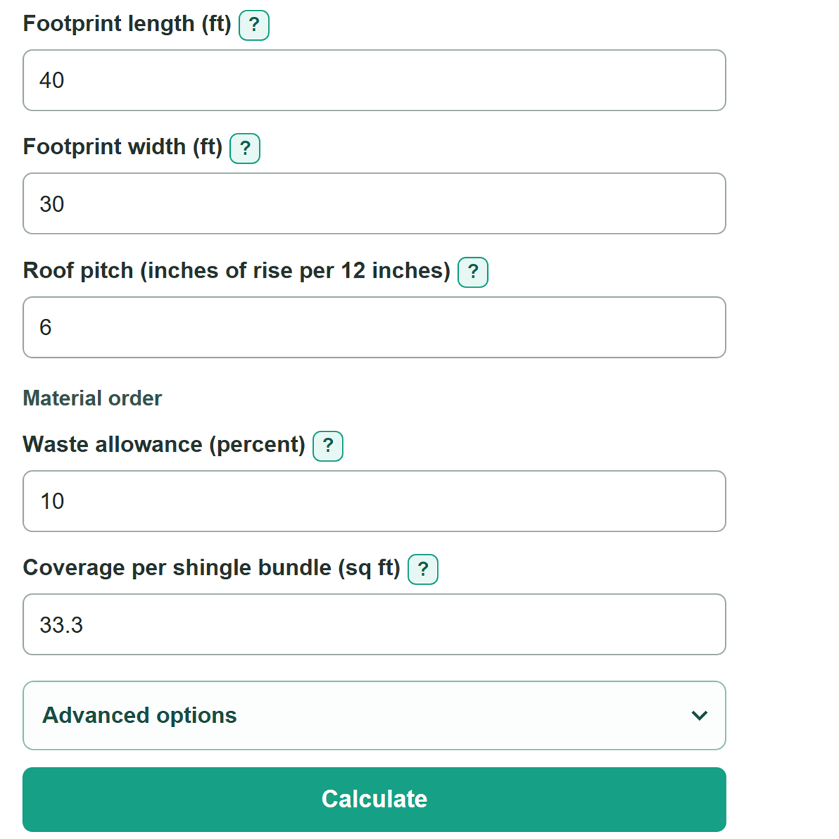 Example inputs for Roofing Calculator