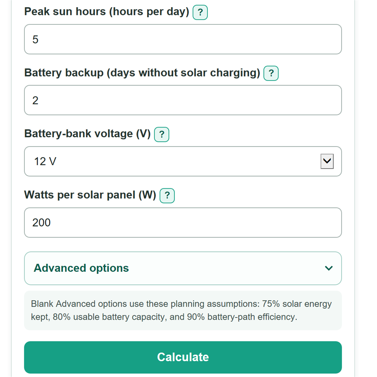 Example inputs for RV Solar Calculator