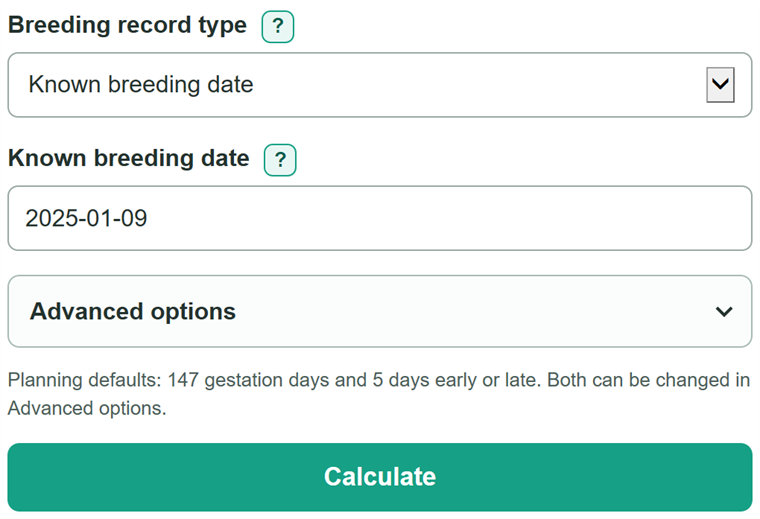 Example inputs for Sheep Gestation Calculator