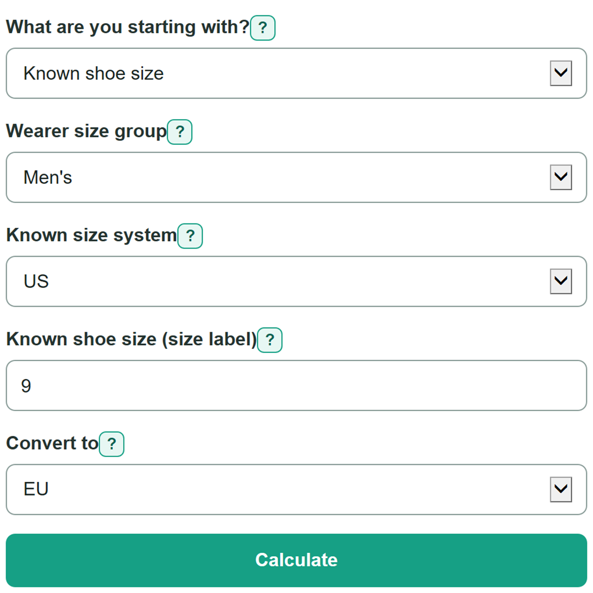 Example inputs for Shoe Size Conversion Calculator