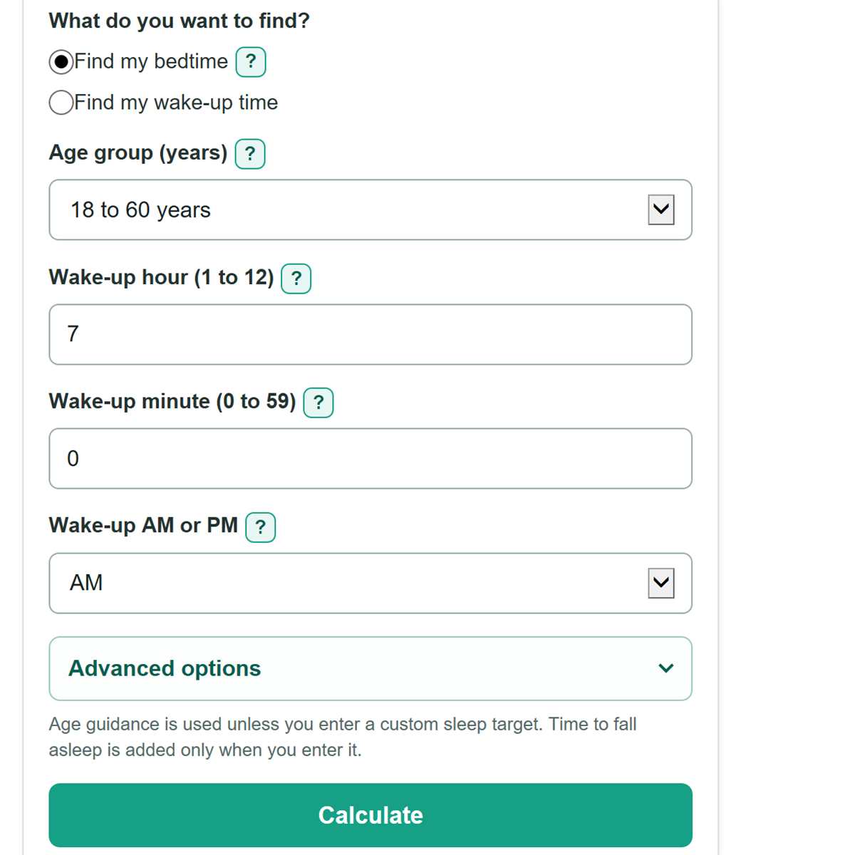 Example inputs for Sleep Calculator
