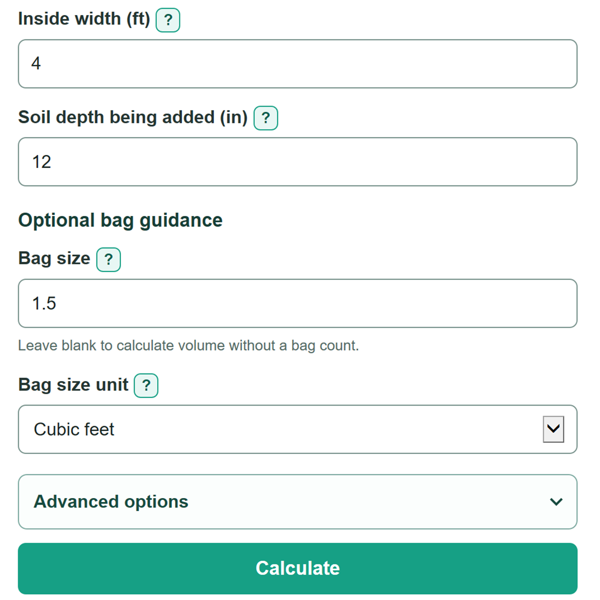 Example inputs for Soil Calculator
