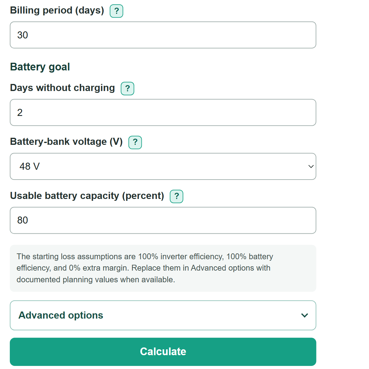 Example inputs for Solar Battery Bank Calculator