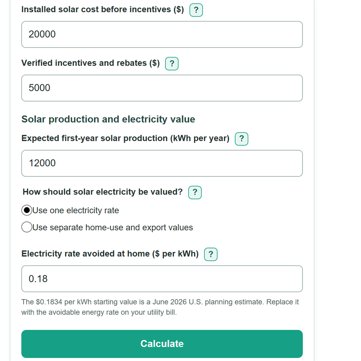 Example inputs for Solar Panel Payback Calculator