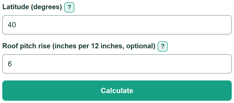 Example inputs for Solar Panel Tilt Calculator