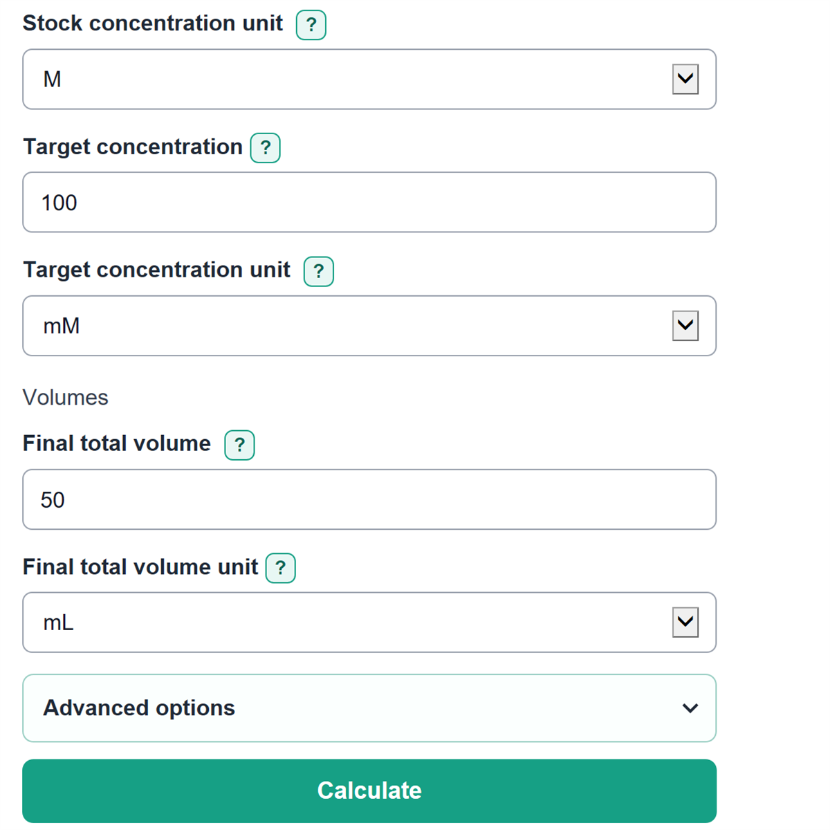 Example inputs for Solution Dilution Calculator