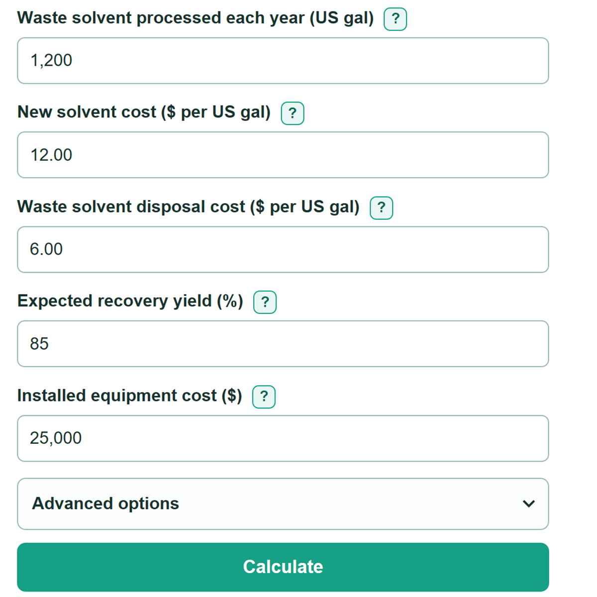 Example inputs for Solvent Recovery Yield, Recycle Savings and Payback Calculator