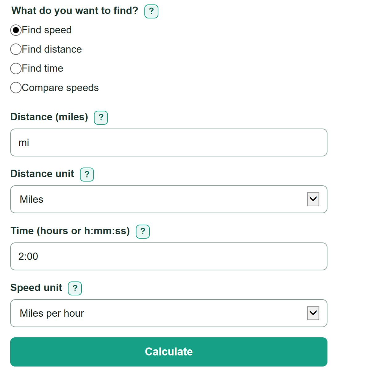 Example inputs for Speed Calculator