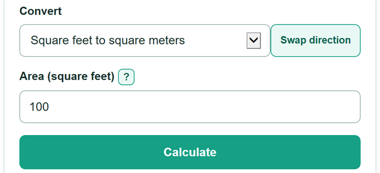 Example inputs for Square Feet to Square Meters Converter