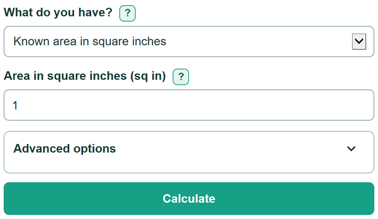 Example inputs for Square Inches to Square Centimeters Converter