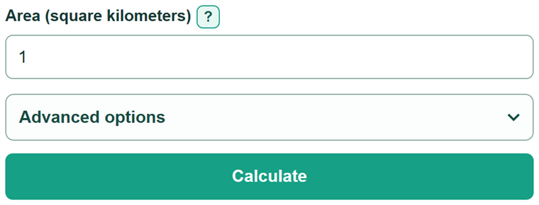 Example inputs for Square Kilometers to Acres Converter
