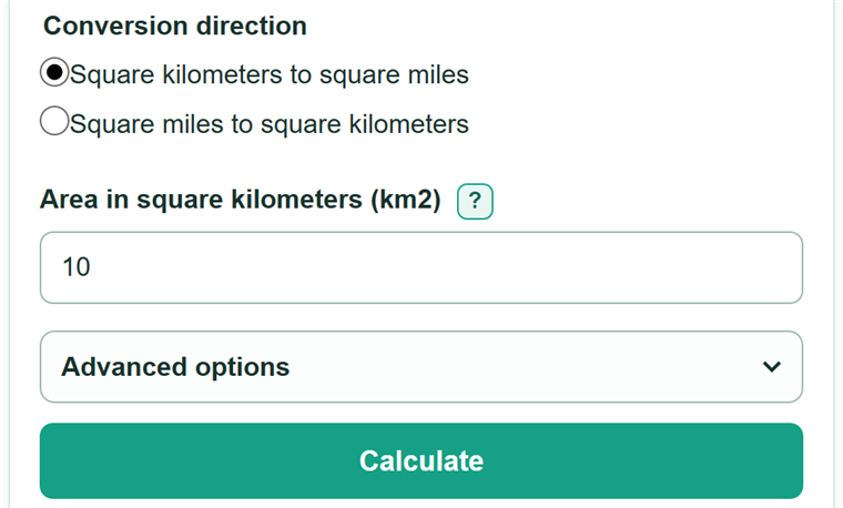 Example inputs for Square Kilometers to Square Miles Converter