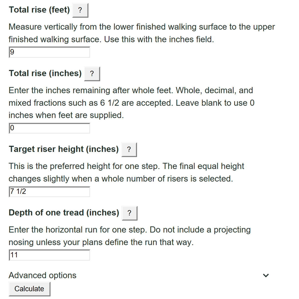 Example inputs for Stair Calculator