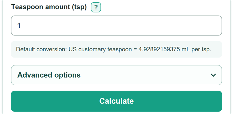 Example inputs for Teaspoons to mL Converter