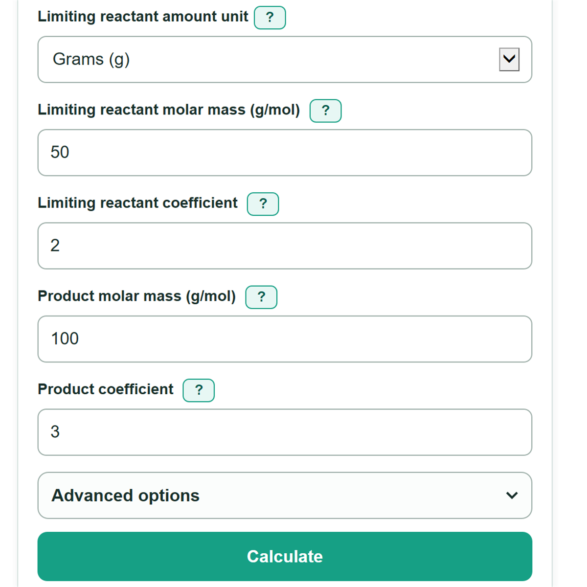 Example inputs for Theoretical Yield Calculator