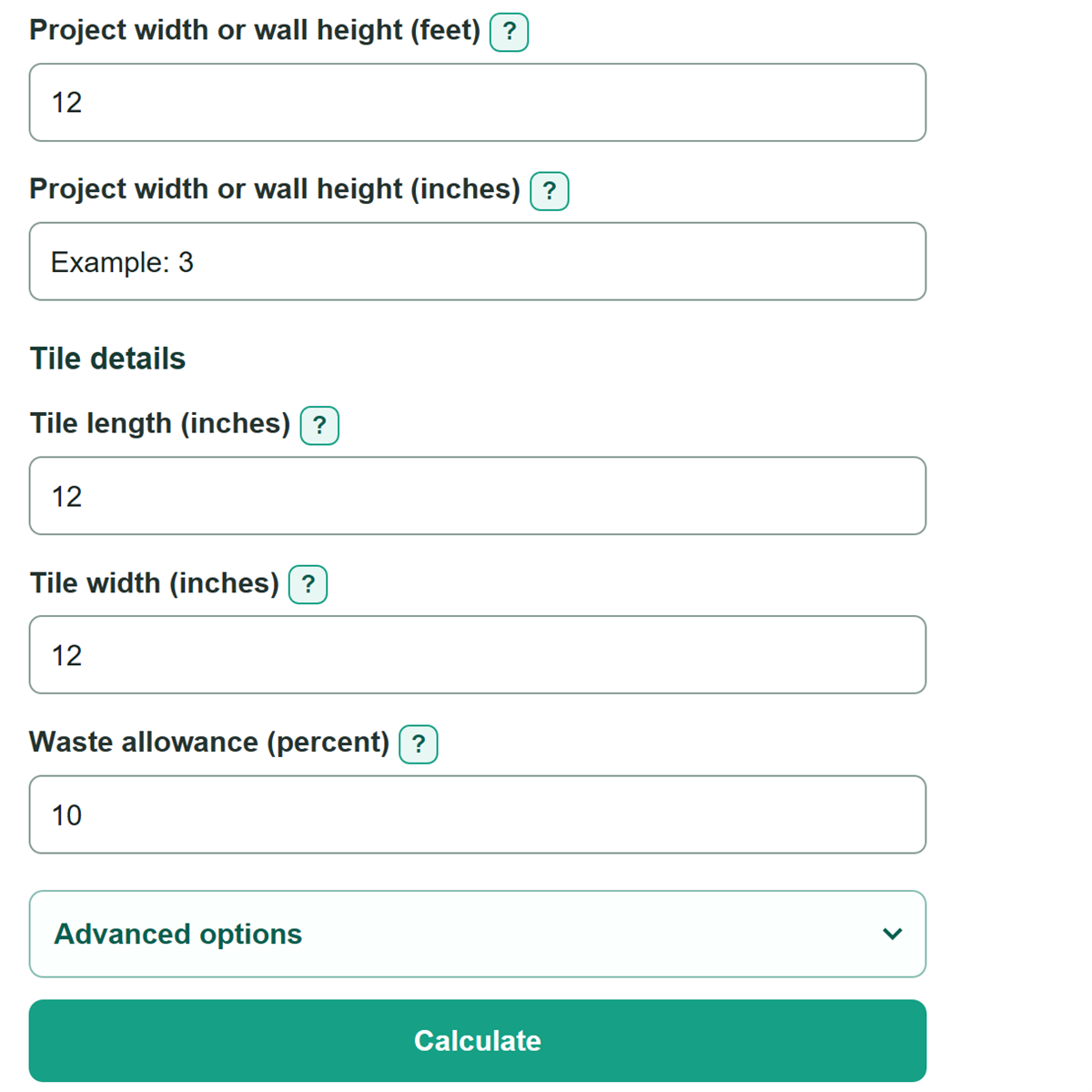 Example inputs for Tile Calculator