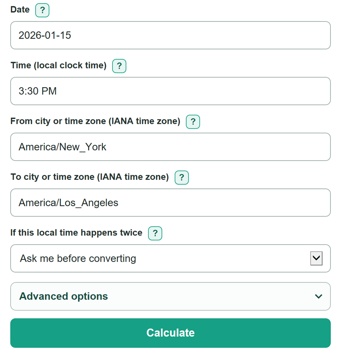 Example inputs for Time Zones Converter
