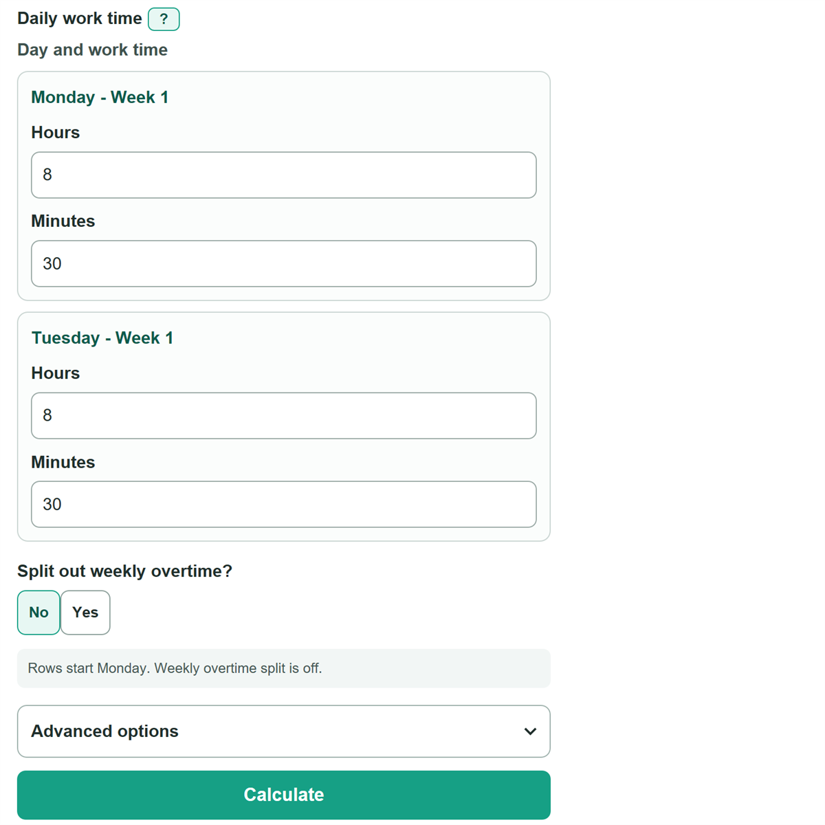 Example inputs for Timesheet Calculator