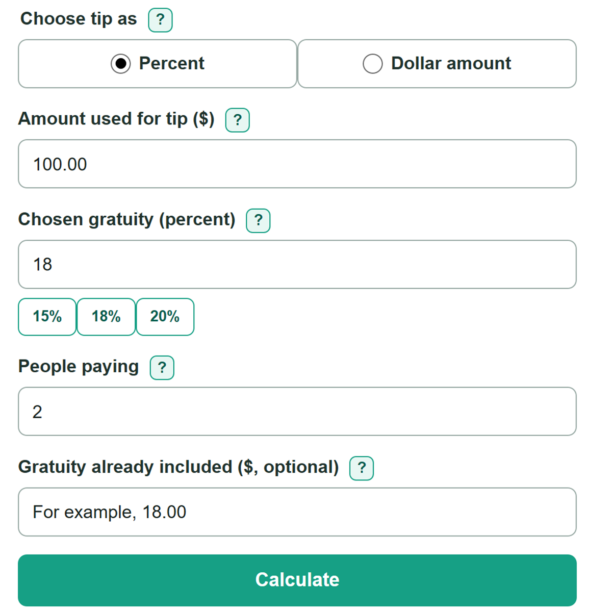 Example inputs for Tip Calculator