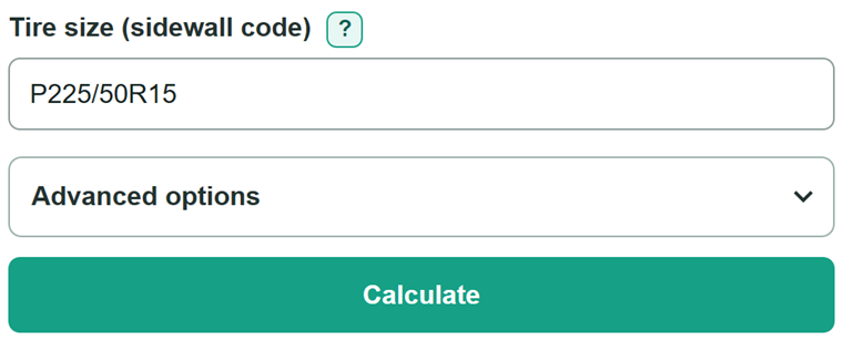 Example inputs for Tire Size Calculator