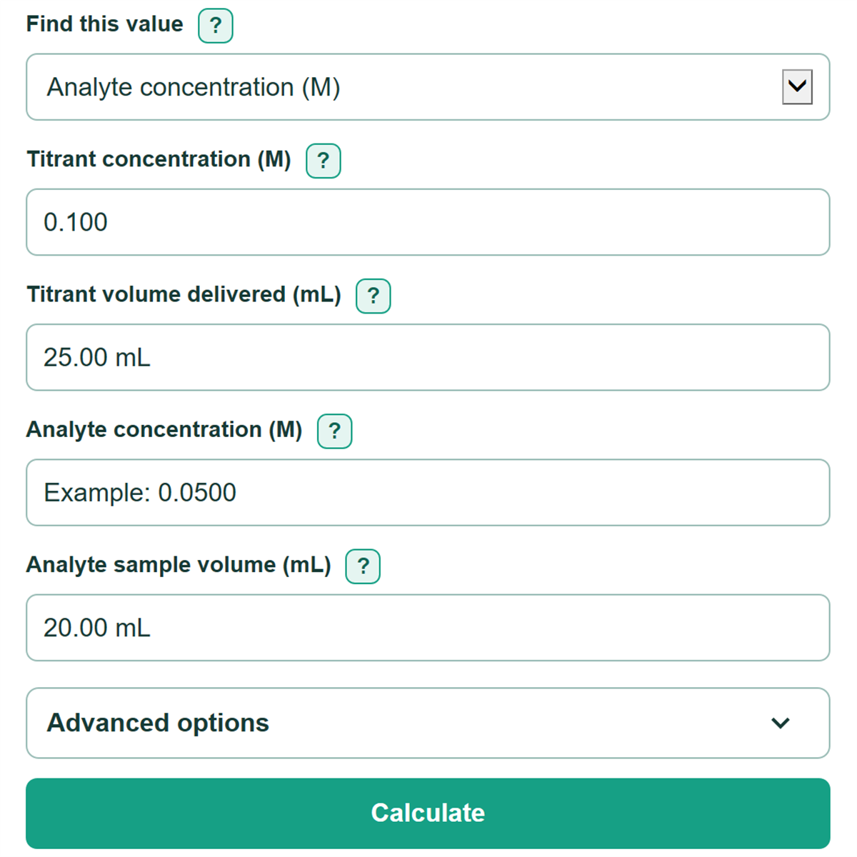 Example inputs for Titration Calculator