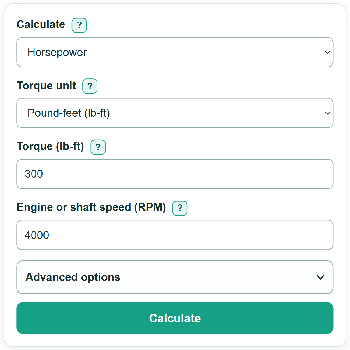 Example inputs for Torque to HP Calculator