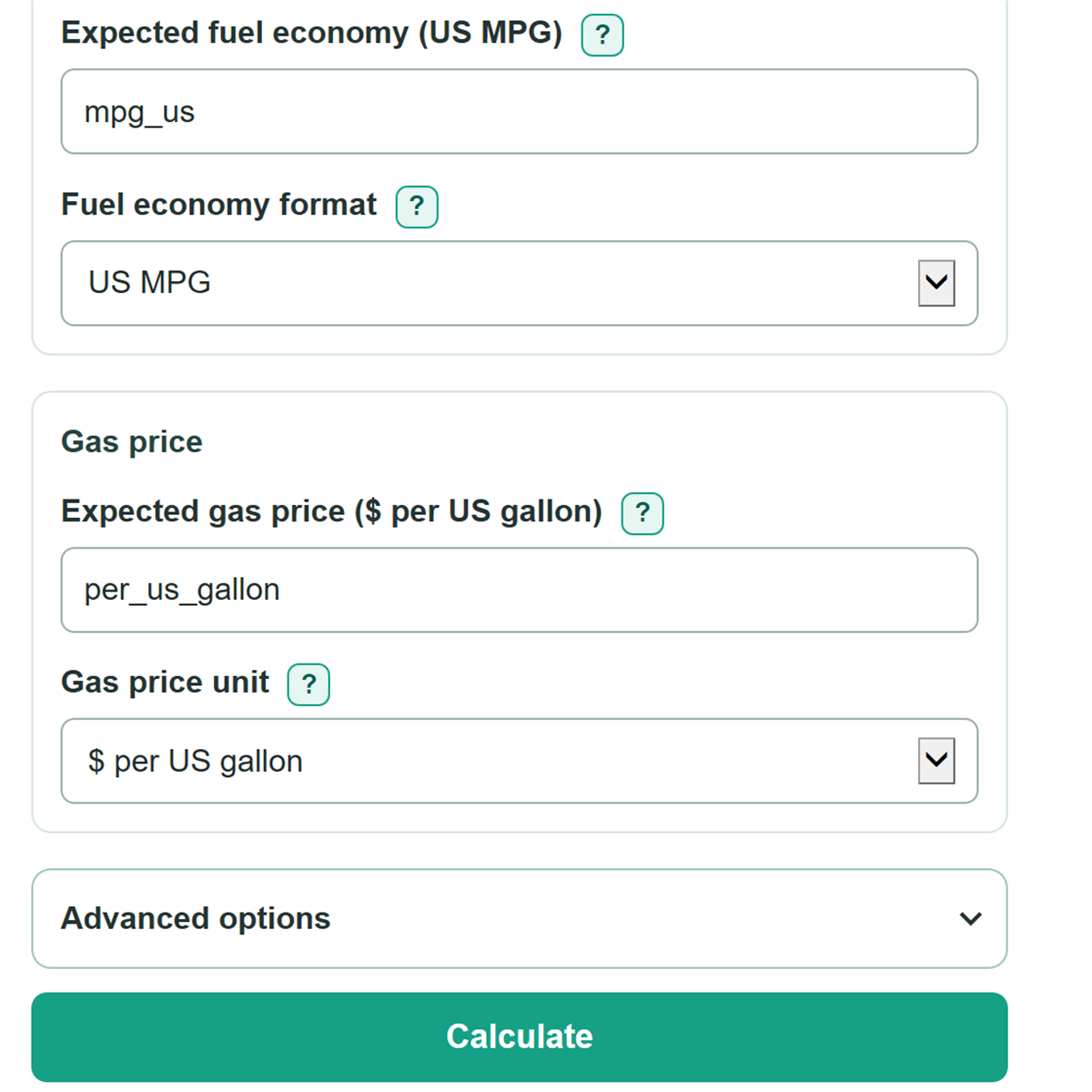Example inputs for Trip Fuel Cost Calculator